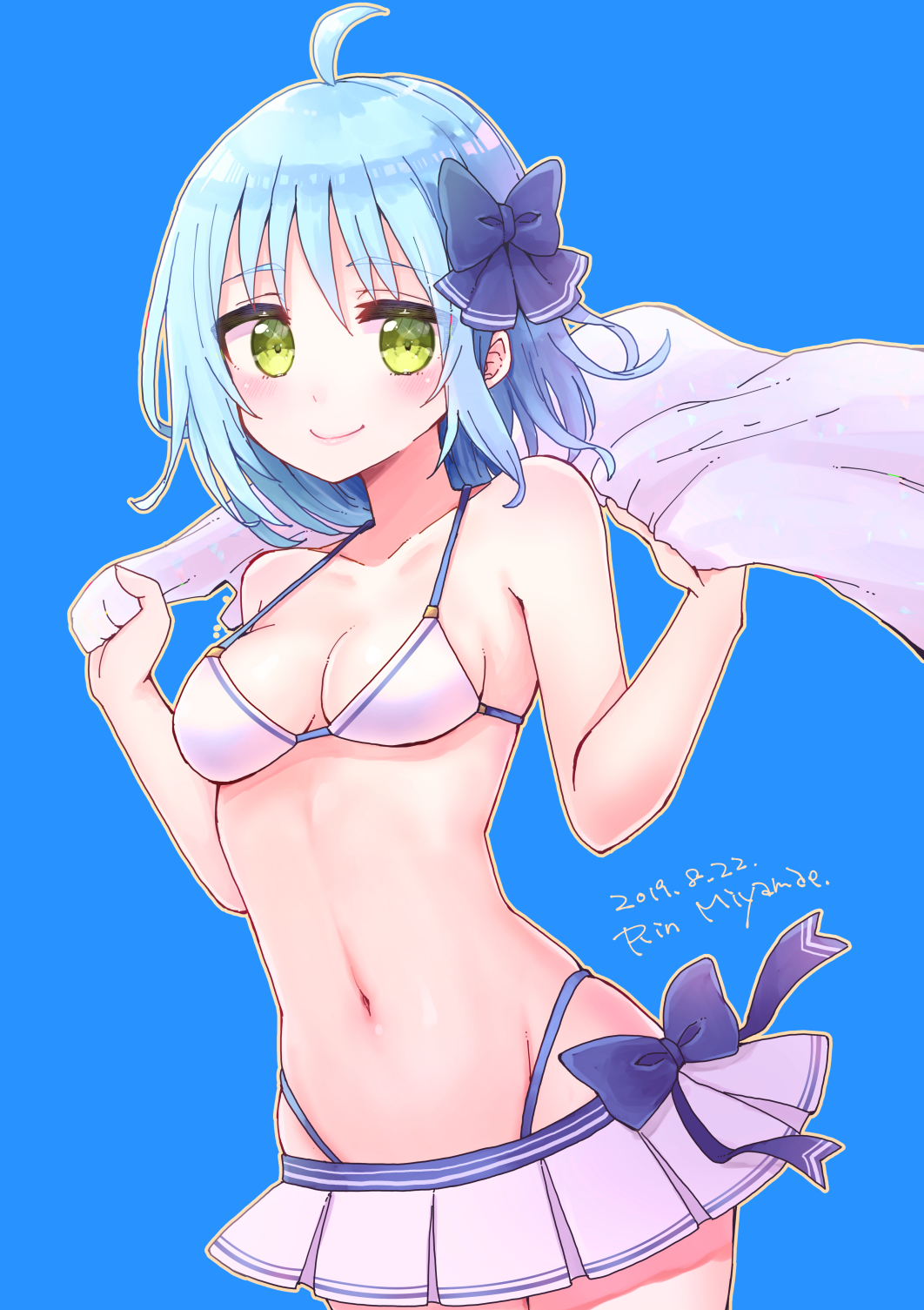 1girl, ahoge, artist_name, bangs, bikini, bikini_skirt, blue_background, blue_bow