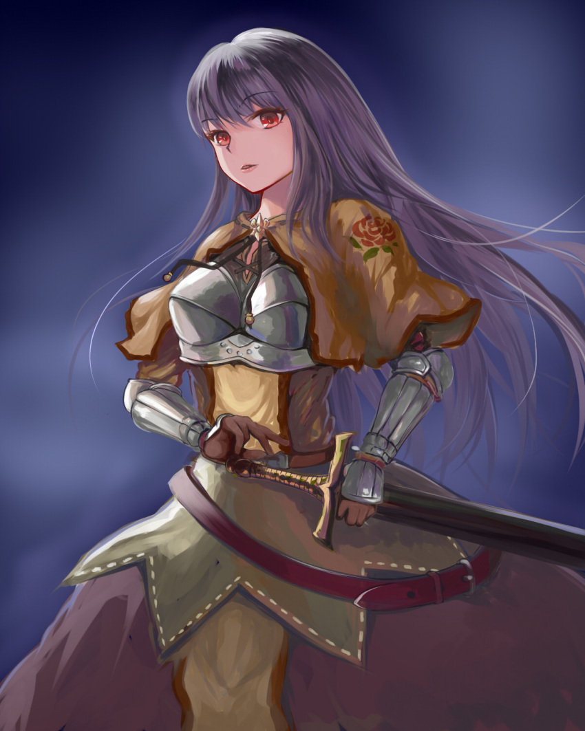 1girl, bangs, belt, blue_background, breastplate, brooch, brown_capelet, brown_dress