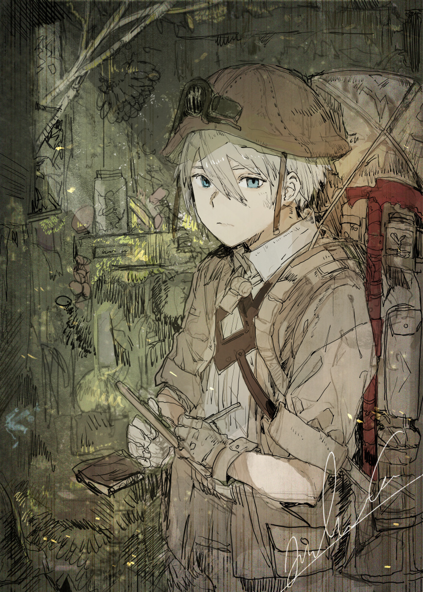 1boy, absurdres, backpack, bag, blue_eyes, brown_headwear, closed_mouth, gloves