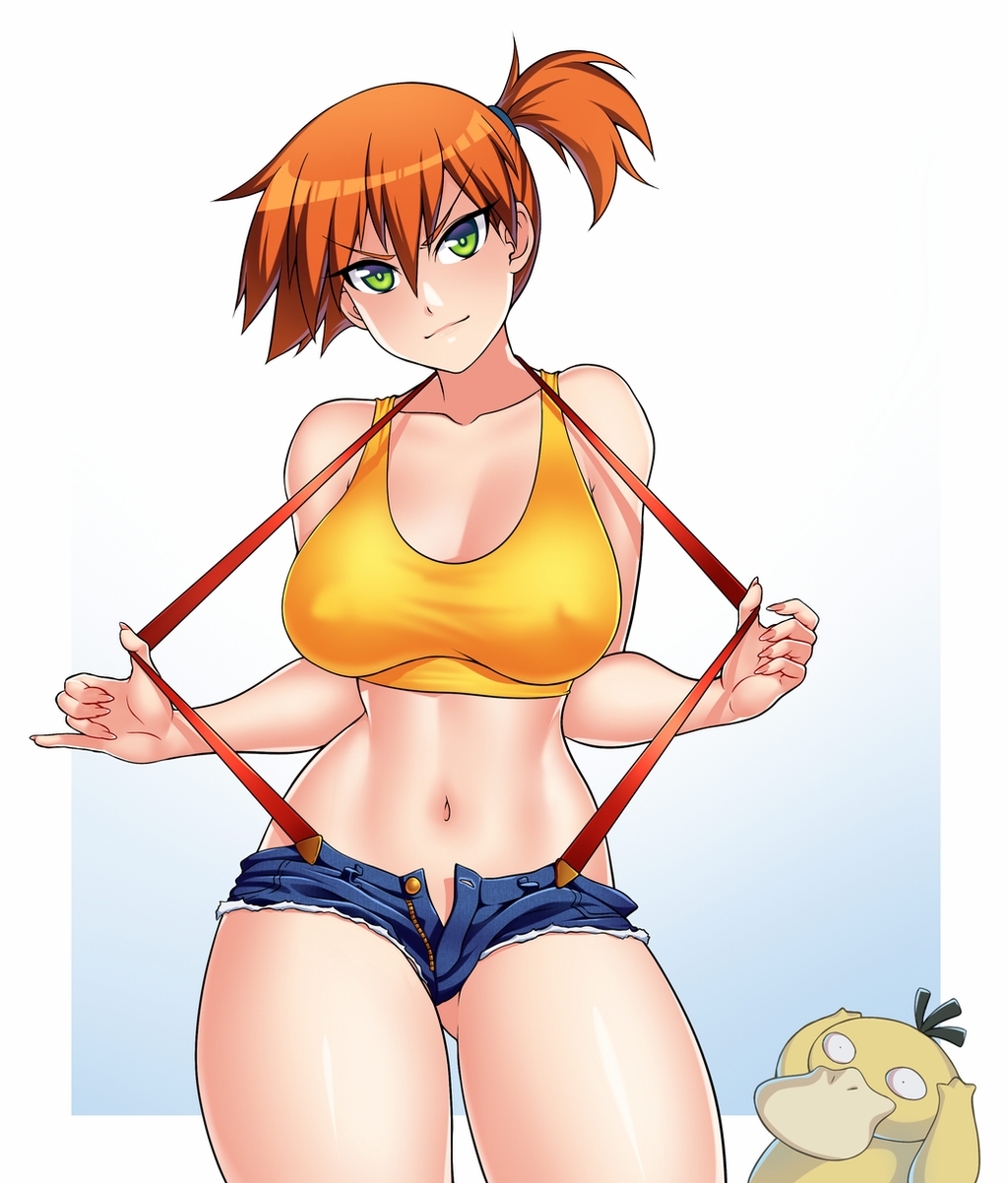 >:), 1girl, alternate_breast_size, ass_visible_through_thighs, bare_arms, bare_shoulders, breasts, buttons
