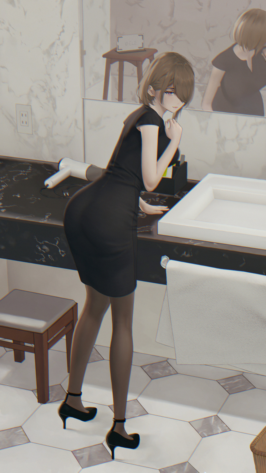 1girl, alternate_costume, artist_name, basket, bathroom, black_dress, black_footwear, book