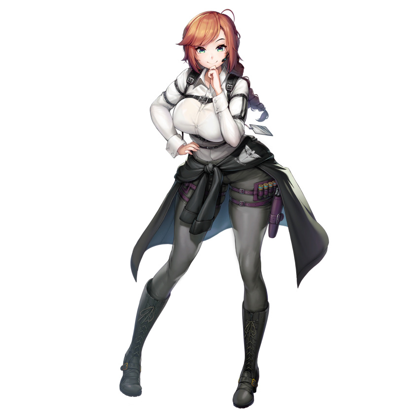 1girl, asymmetrical_bangs, bangs, belt, boots, braid, breasts, brown_hair, bumcha, clothes_around_waist, collared_shirt, full_body, green_eyes, hand_on_own_chin, headset, highres, jacket, jacket_around_waist, large_breasts, last_origin, looking_at_viewer, official_art, pants, shirt, single_braid, smile, solo, tachi-e, tight, tight_pants, transparent_background, white_shirt