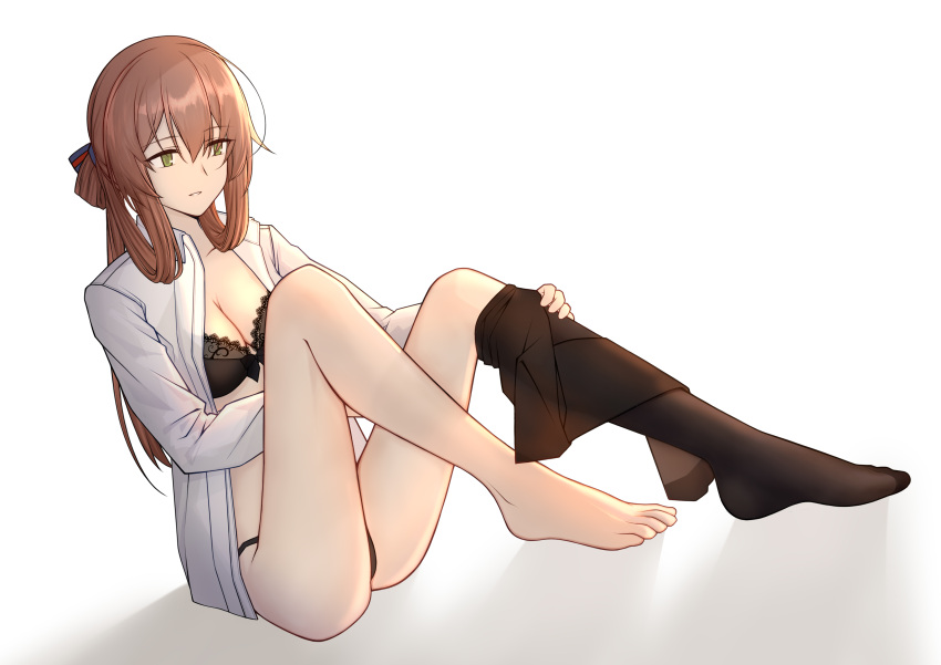 1girl, absurdres, black_bra, black_legwear, black_panties, bra, breasts, brown_hair, collared_shirt, girls_frontline, green_eyes, hair_between_eyes, hair_ribbon, hair_rings, highres, large_breasts, long_hair, long_sleeves, m1903_springfield_(girls_frontline), macayase, open_clothes, open_shirt, panties, pantyhose, pantyhose_pull, ponytail, ribbon, shirt, sidelocks, sitting, solo, underwear, white_shirt