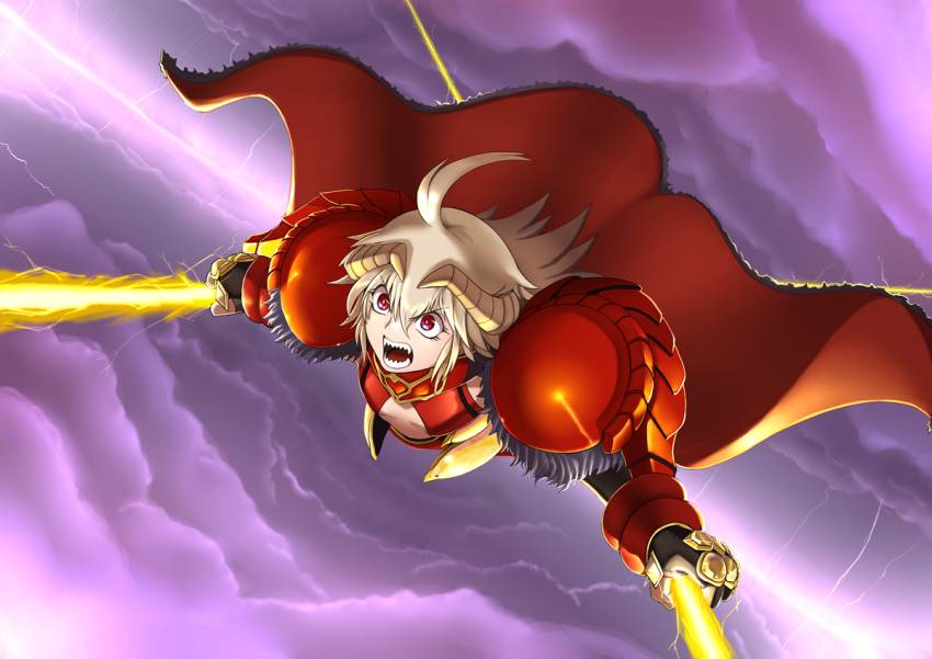 1girl, ahoge, cape, dual_wielding, flying, fujioka_yatsufusa, holding, horns