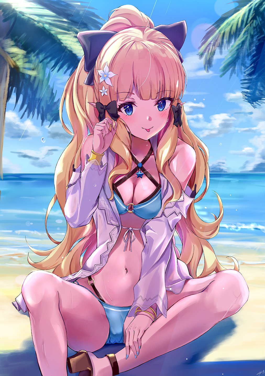 1girl, 310setsu, :p, bangs, bikini, black_bow, blonde_hair, blue_eyes, blush, bow, breasts, elf, eyebrows_visible_through_hair, flower, hair_bow, hair_flower, hair_ornament, highres, large_breasts, long_hair, looking_at_viewer, navel, ocean, pointy_ears, ponytail, princess_connect!, princess_connect!_re:dive, saren_(princess_connect!), smile, solo, swimsuit, tongue, tongue_out