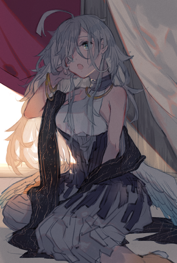 1girl, :o, black_scarf, bracelet, feathered_wings, grey_hair, hair_over_one_eye, hand_up