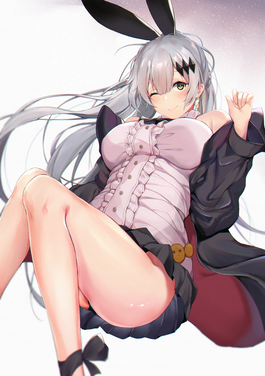 1girl, absurdres, animal_ears, ankle_ribbon, bangs, bare_shoulders, black_jacket, black_panties, black_ribbon, black_skirt, blush, breasts, buttons, closed_mouth, fake_animal_ears, feet_out_of_frame, five-seven_(girls_frontline), frills, girls_frontline, hair_between_eyes, hair_ornament, hairclip, hand_up, highres, huge_filesize, jacket, knees_up, large_breasts, long_hair, long_sleeves, looking_at_viewer, miniskirt, off_shoulder, one_eye_closed, panties, rabbit_ears, ribbon, shirt, silver_hair, skirt, smile, solo, thighs, underwear, white_shirt, yellow_eyes, zengi
