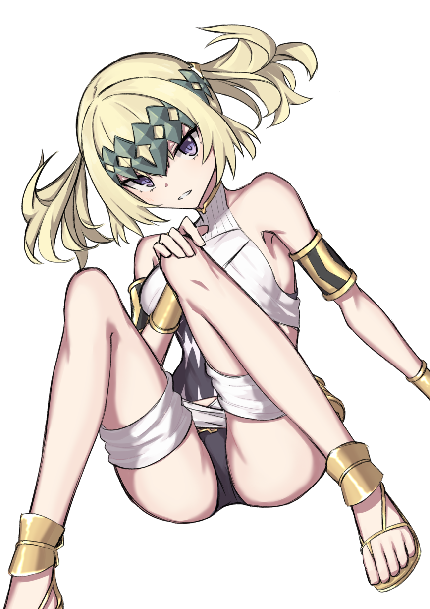 1girl, armlet, bangs, bare_shoulders, black_panties, blonde_hair, blush, bracer, breasts, covered_navel, diadem, elfenlied22, fate/grand_order, fate_(series), faulds, halter_top, halterneck, highres, knees_up, legs, looking_at_viewer, medium_breasts, medium_hair, panties, parted_lips, pollux_(fate/grand_order), sandals, simple_background, smile, thigh_gap, thighs, underwear, violet_eyes, white_background