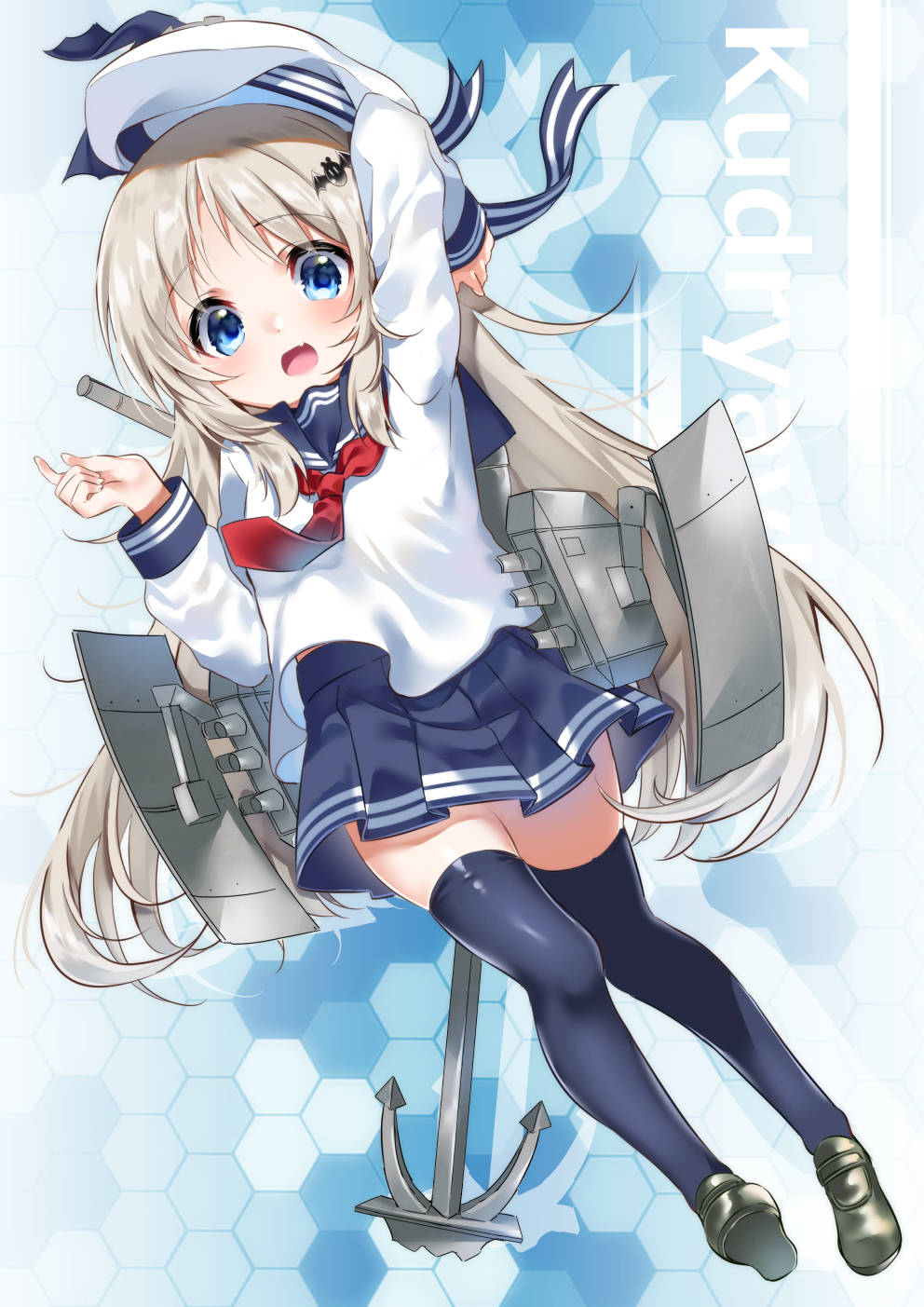 1girl, anchor, axopwx7126, bat_hair_ornament, beret, blue_eyes, blue_legwear, blue_skirt, cosplay, full_body, green_footwear, hair_ornament, hat, hibiki_(kantai_collection), hibiki_(kantai_collection)_(cosplay), highres, kantai_collection, little_busters!!, loafers, long_hair, long_sleeves, miniskirt, neckerchief, noumi_kudryavka, pleated_skirt, red_neckwear, school_uniform, serafuku, shirt, shoes, skirt, solo, thigh-highs, white_hair, white_headwear, white_shirt