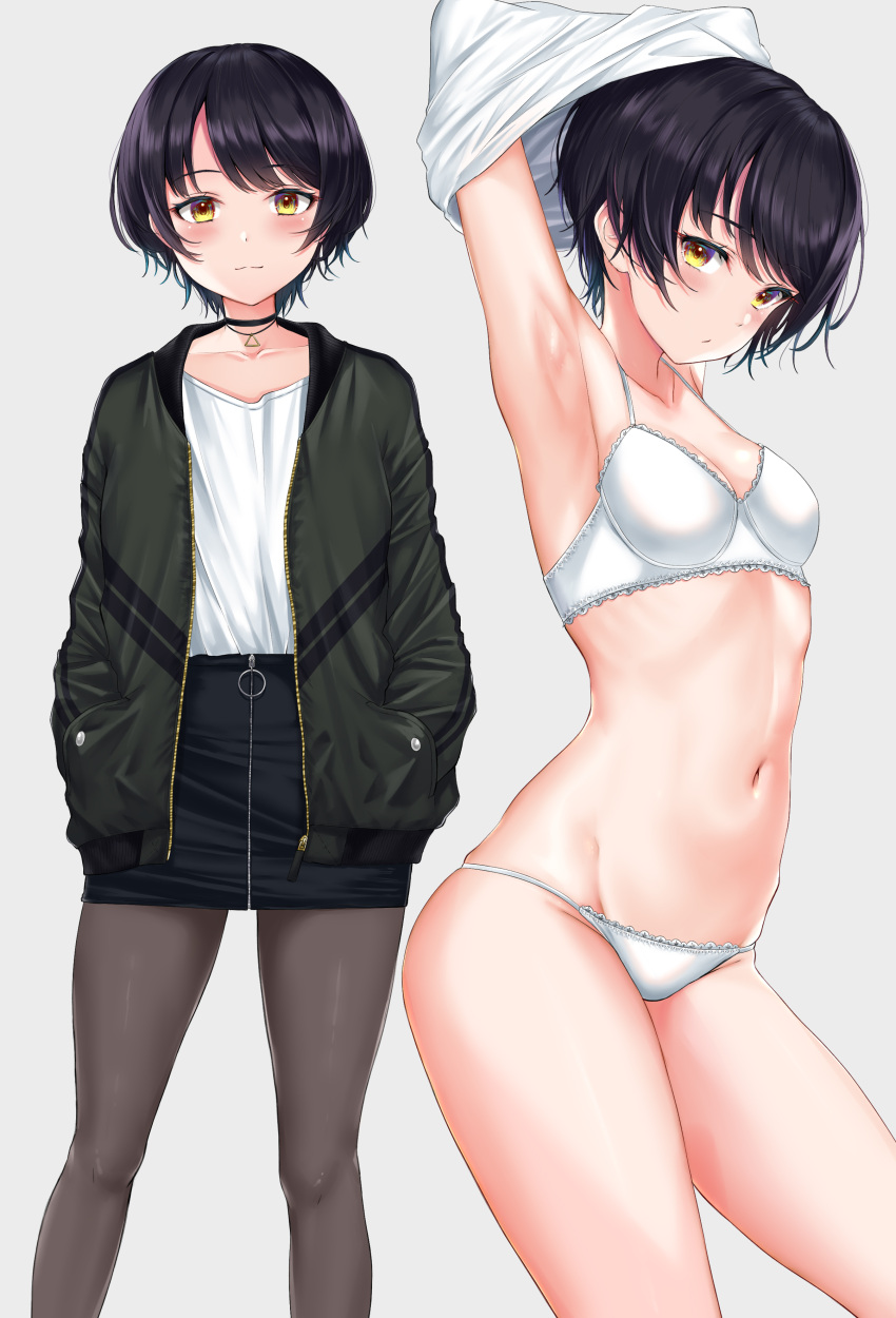 1girl, absurdres, armpits, arms_up, black_choker, black_hair, black_jacket, black_skirt
