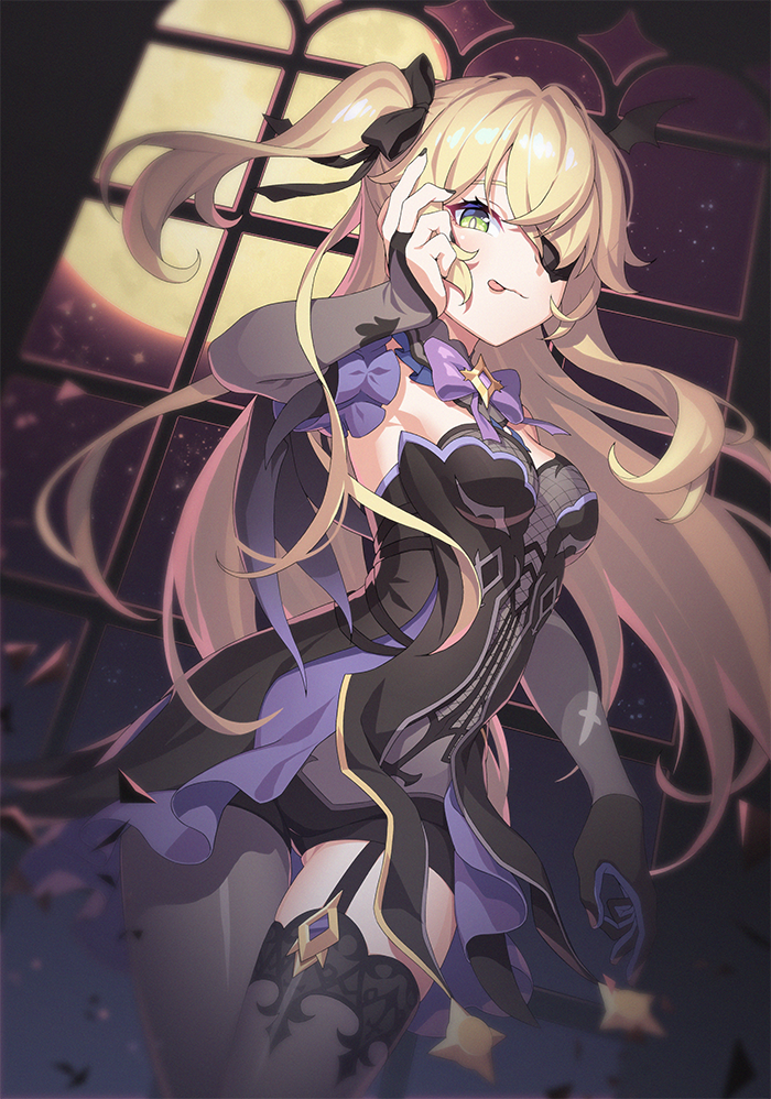 1girl, :p, bangs, black_gloves, black_legwear, black_nails, blonde_hair, bow, bowtie, breasts, eyepatch, fischl_(genshin_impact), full_moon, garter_straps, genshin_impact, gloves, green_eyes, hair_ribbon, liem_(zero854), long_hair, moon, nail_polish, night, purple_neckwear, ribbon, single_glove, single_leg_pantyhose, single_thighhigh, sky, small_breasts, solo, thigh-highs, tongue, tongue_out, two_side_up, window
