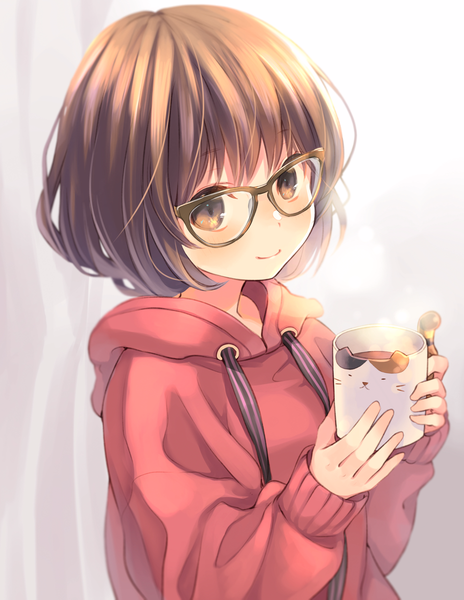 1girl, animal_cup, blush, brown-framed_eyewear, brown_eyes, brown_hair, closed_mouth, from_side, glasses, highres, holding, hood, hood_down, hoodie, kuga_tsukasa, long_sleeves, looking_at_viewer, looking_to_the_side, original, red_hoodie, short_hair, smile, solo, upper_body