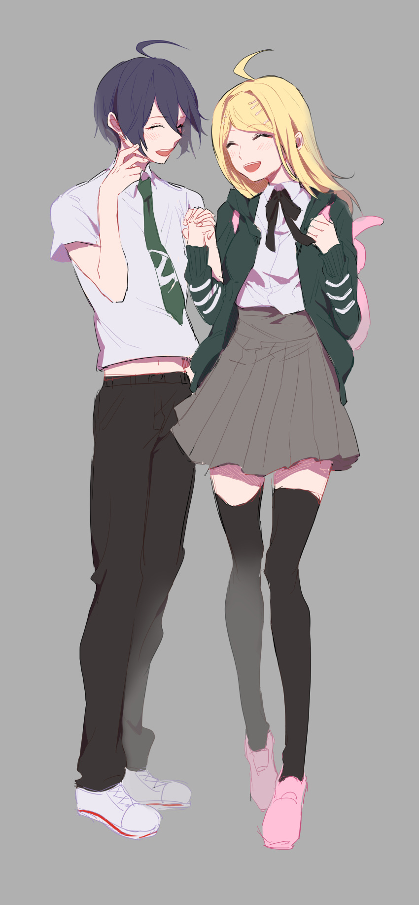 1boy, 1girl, ^_^, absurdres, ahoge, akamatsu_kaede, backpack, bag