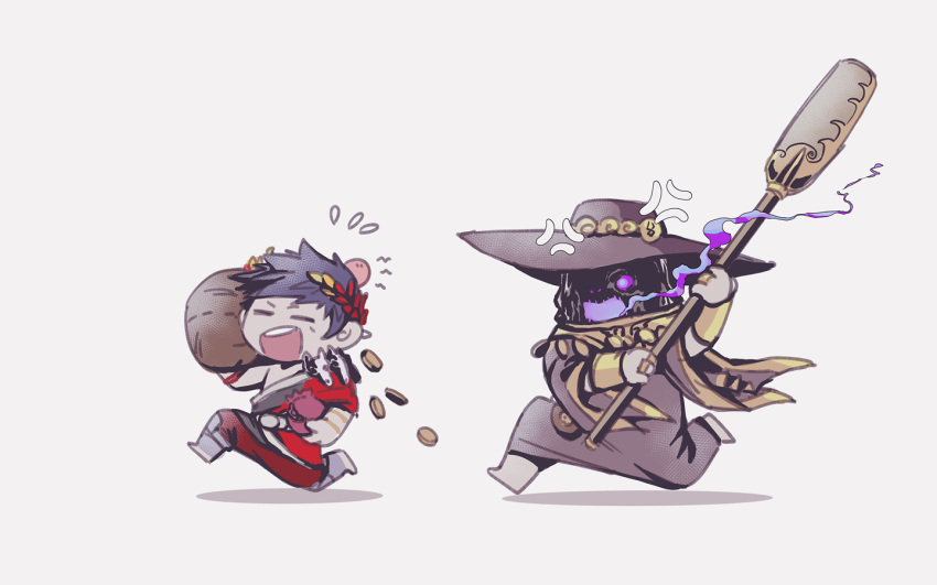 2boys, anger_vein, black_hair, charon_(hades), chibi, closed_eyes, coin, gameplay_mechanics