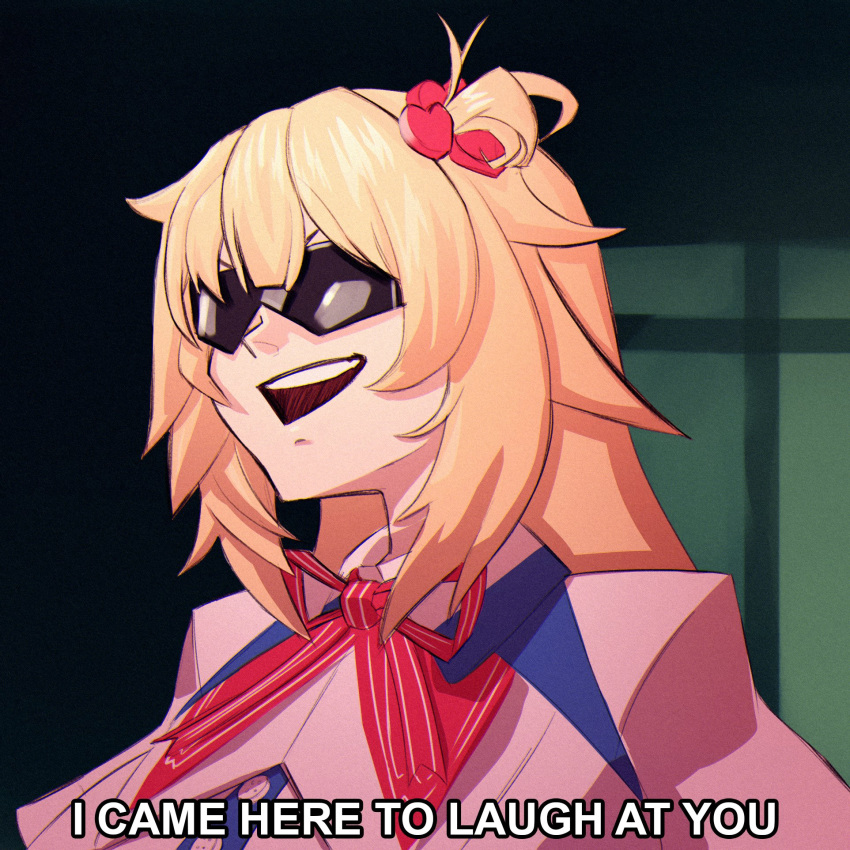 1girl, akai_haato, blonde_hair, cosmikaizer, english_commentary, english_text, gundam, highres, hololive, long_hair, open_mouth, parody, quattro_vageena, short_sidetail, solo, subtitled, sunglasses, virtual_youtuber, zeta_gundam