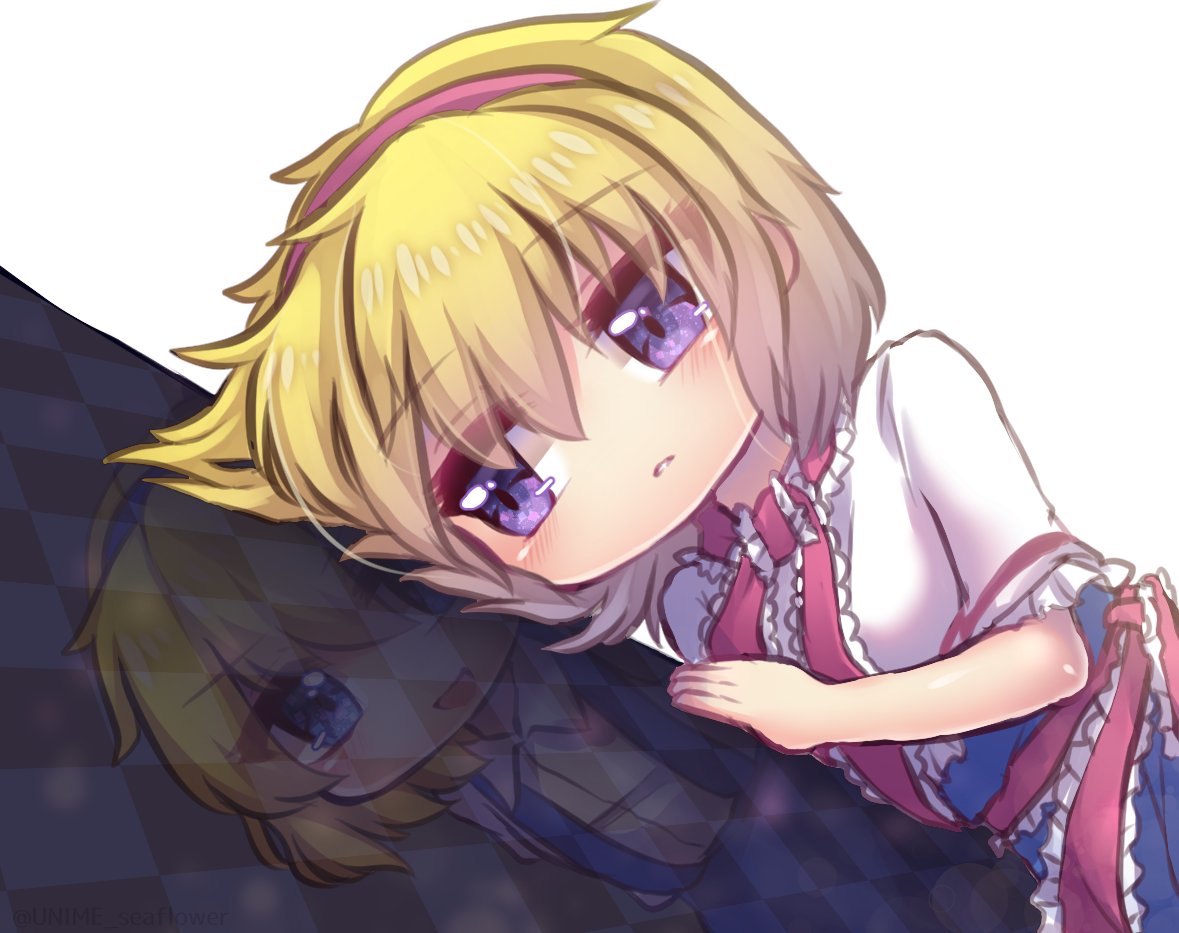 1girl, alice_margatroid, alice_margatroid_(pc-98), bangs, blonde_hair, blue_dress, blue_eyes, blue_hairband