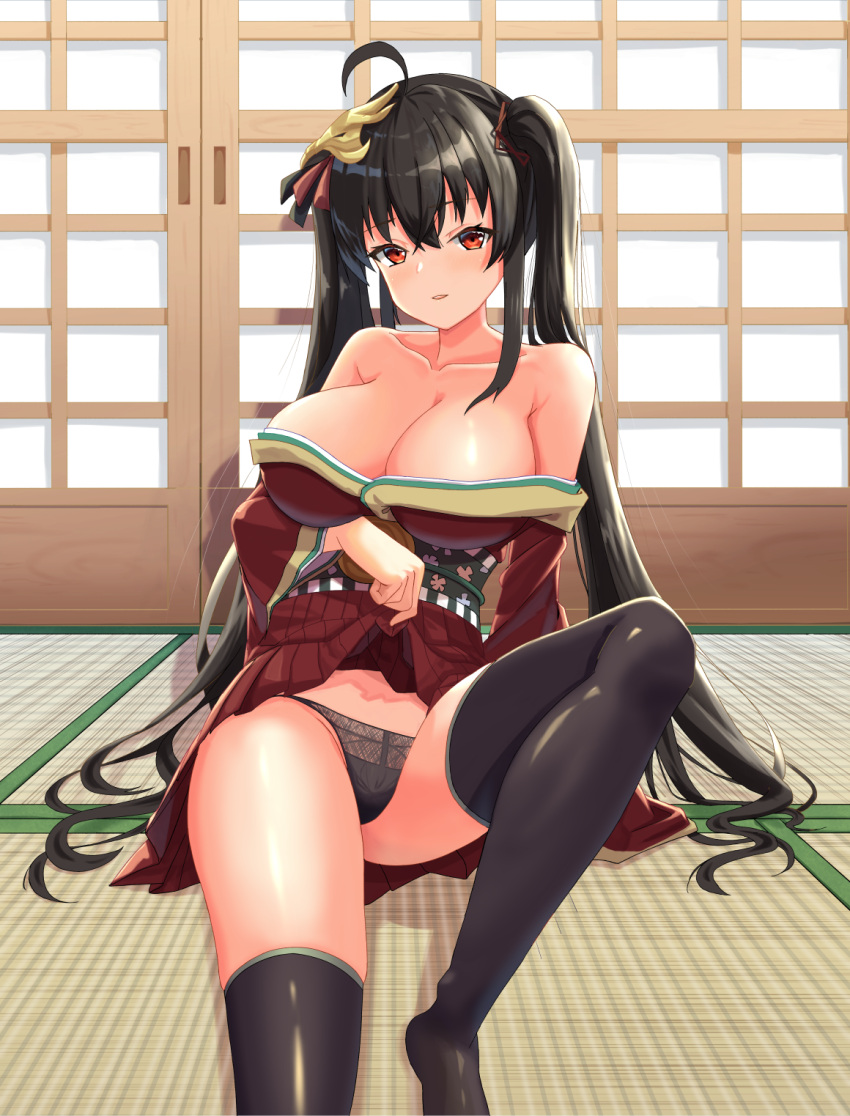 1girl, amaner, azur_lane, black_hair, black_panties, highres, japanese_clothes, kimono, lifted_by_self, panties, red_eyes, taihou_(azur_lane), thigh-highs, twintails, underwear