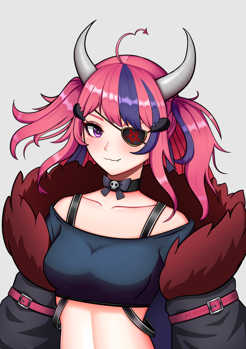1girl, :3, absurdres, breasts, choker, english_commentary, eyepatch, fang