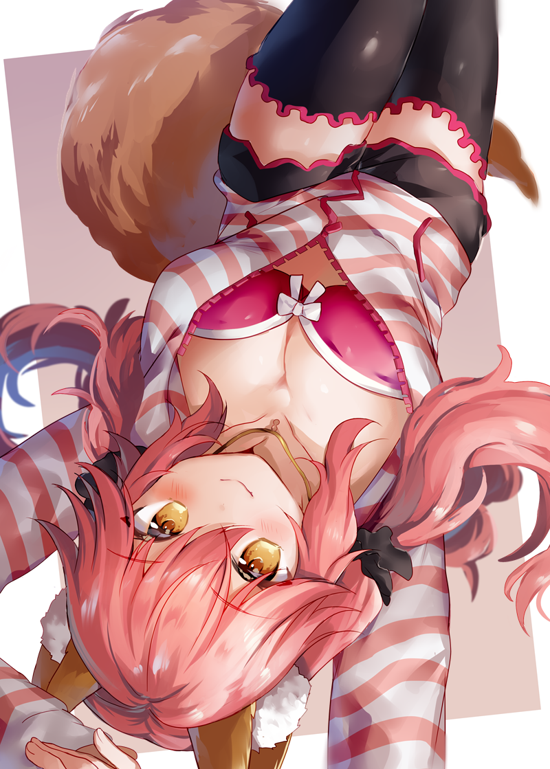 1girl, animal_ear_fluff, animal_ears, bangs, blush, breasts, fate/extra, fate_(series), fox_ears, fox_girl, fox_tail, hair_between_eyes, large_breasts, long_hair, long_sleeves, looking_at_viewer, pink_hair, smile, tail, tamamo_(fate)_(all), tamamo_no_mae_(fate), tatara_maguro, twintails, yellow_eyes