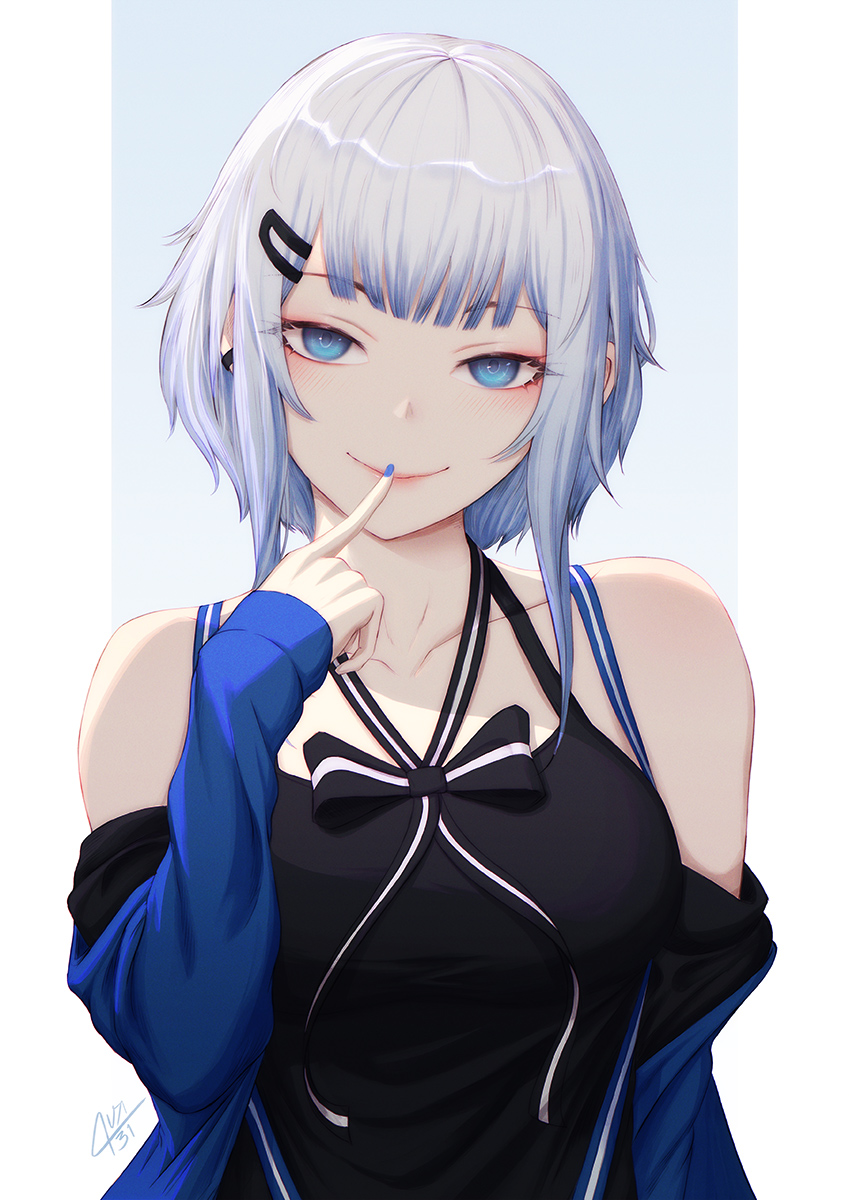 1girl, ava_(ava31), bangs, bare_shoulders, black_ribbon, black_tank_top, blue_eyes, blue_jacket