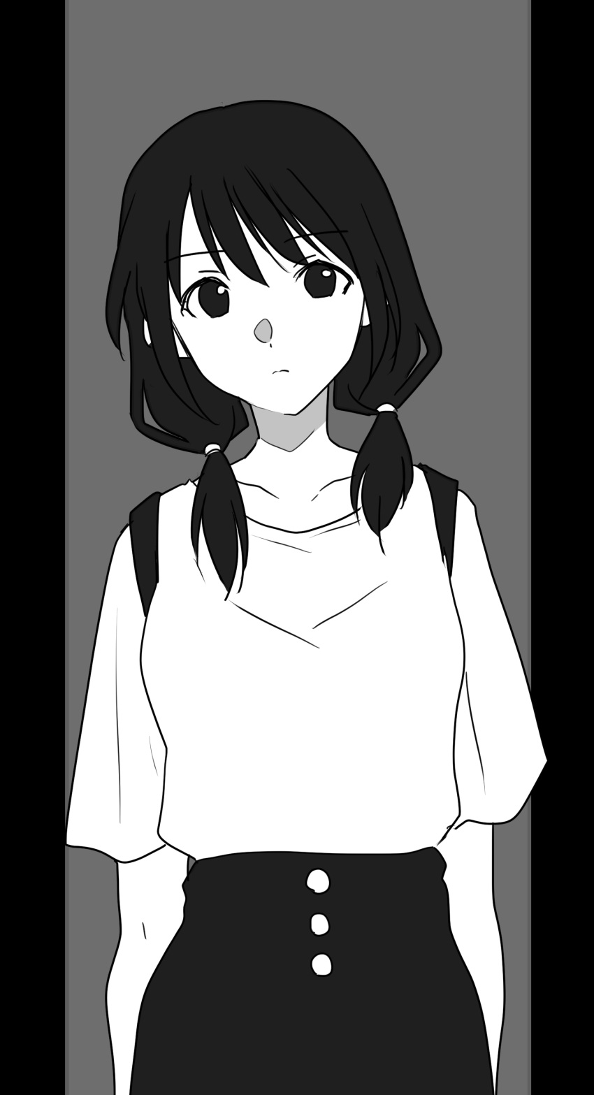 1girl, absurdres, bangs, black_hair, breasts, buttons, closed_mouth, commentary_request