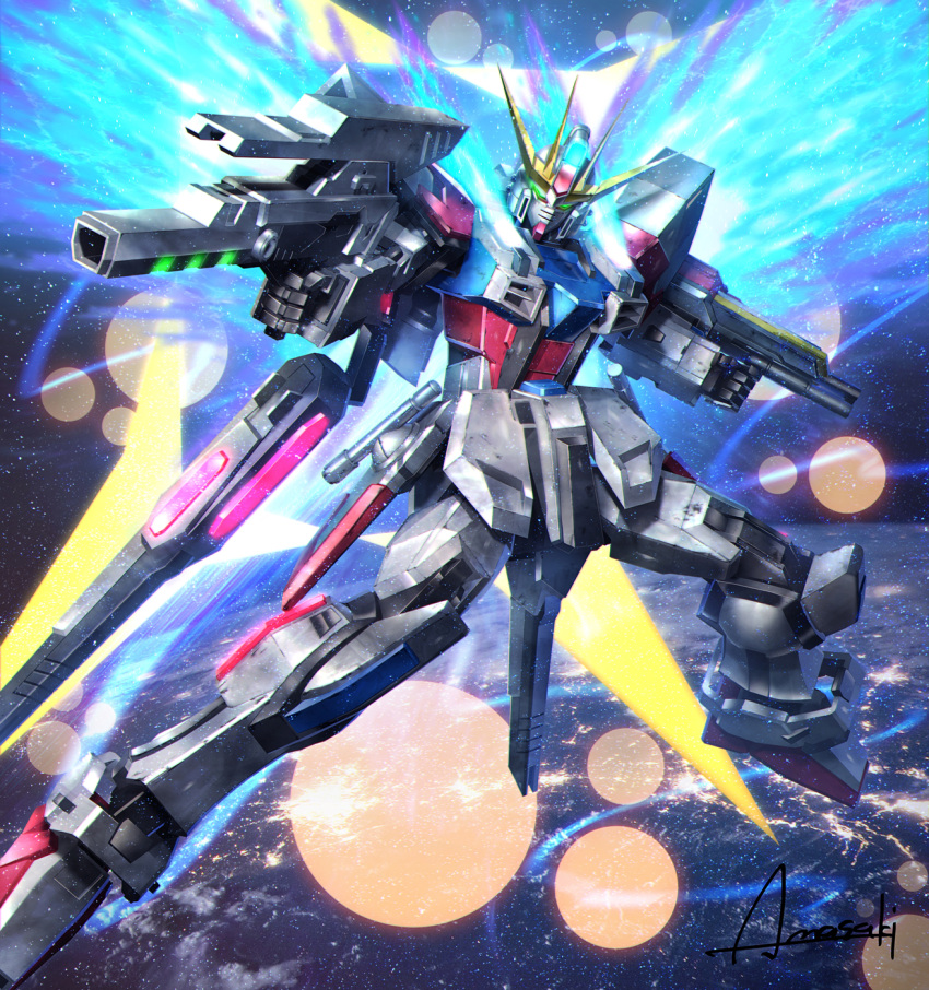 amasaki_yusuke, clenched_hands, energy_wings, flying, green_eyes, gun, gundam, gundam_build_fighters, highres, holding, holding_gun, holding_weapon, looking_at_viewer, mecha, solo, space, star_build_strike_gundam, v-fin, weapon