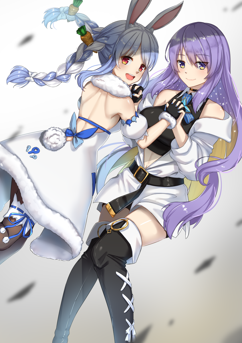2girls, animal_ears, as4gi, blue_hair, braid, breasts, carrot, floating