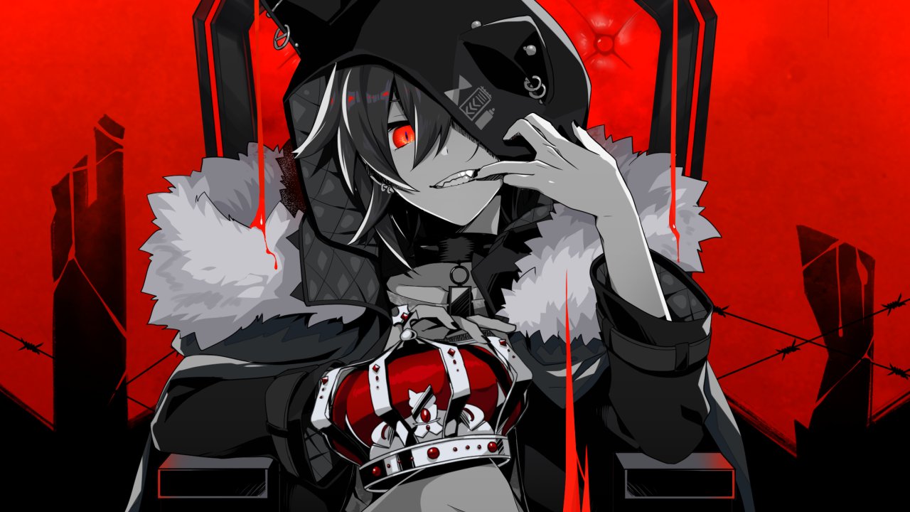 1boy, animal_hood, collar, commentary_request, crown, earrings, fangs, fur_trim, grin, hair_between_eyes, holostars, hood, jacket, jewelry, kanade_izuru, limited_palette, looking_at_viewer, male_focus, mudo_(saji), one_eye_covered, red_eyes, shirt, sitting, smile, solo, spiked_collar, spikes, throne, virtual_youtuber, wallpaper