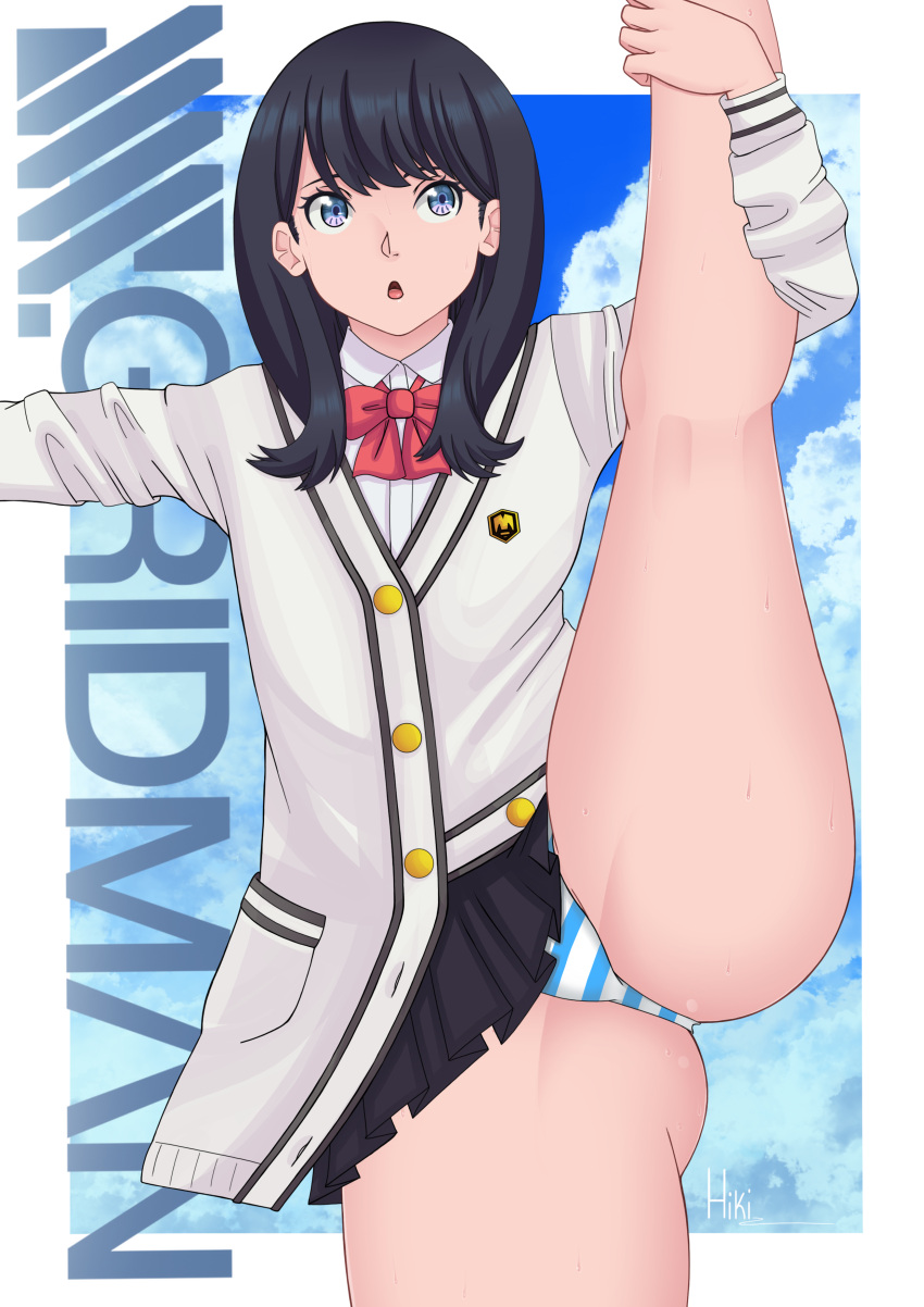 1girl, absurdres, black_hair, black_skirt, blue_eyes, blue_sky, bow, bowtie