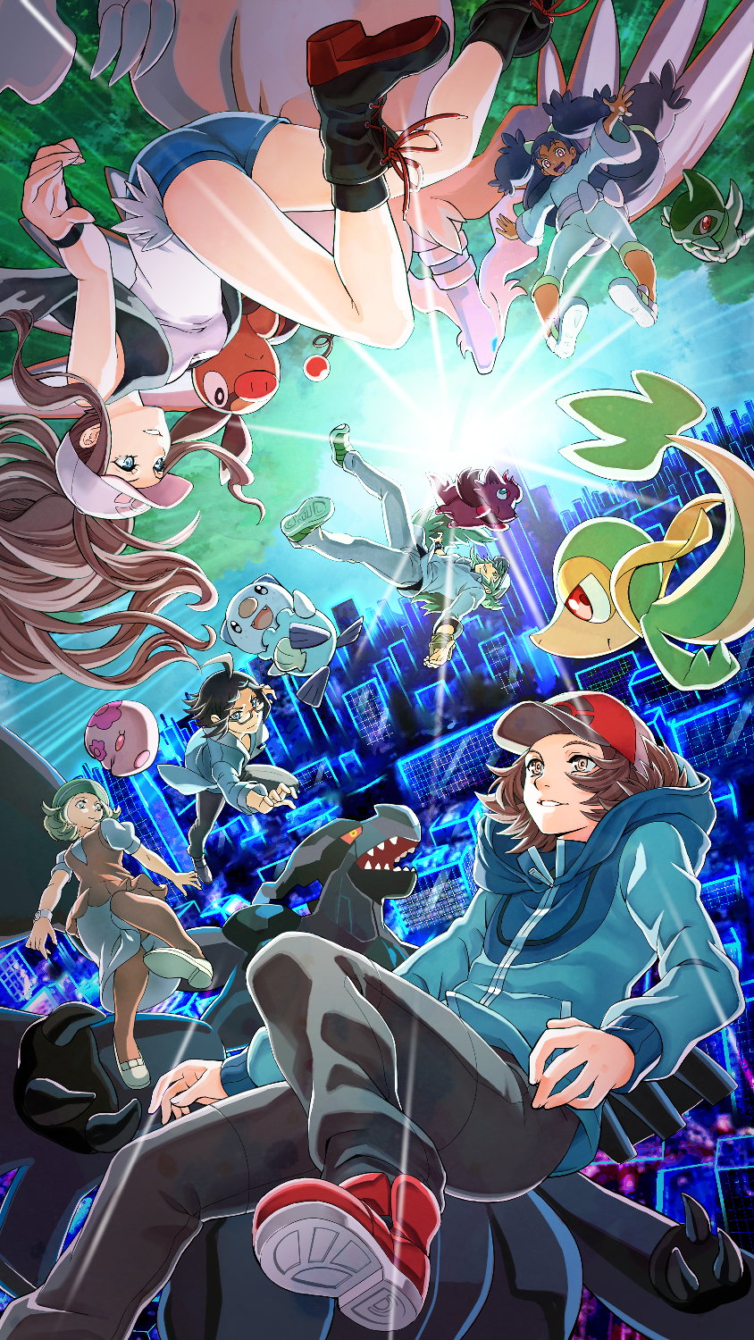 3boys, 3girls, ahoge, axew, baseball_cap, bianca_(pokemon), black_footwear, black_hair, black_legwear, black_pants, black_vest, blue_hoodie, boots, brown_hair, capri_pants, cheren_(pokemon), cityscape, commentary_request, dark_skin, denim, denim_shorts, floating_hair, gen_5_pokemon, glasses, green_hair, hat, highres, hilbert_(pokemon), hilda_(pokemon), iris_(pokemon), legendary_pokemon, long_hair, long_sleeves, multiple_boys, multiple_girls, munna, n_(pokemon), orange_legwear, oshawott, pants, pantyhose, parted_lips, pokemon, pokemon_(creature), pokemon_(game), pokemon_bw, reshiram, ryuusei_(trickster), shirt, shoes, short_shorts, short_sleeves, shorts, sidelocks, skirt, sleeveless, sleeveless_shirt, snivy, socks, spread_fingers, tepig, vest, white_shirt, zekrom, zorua