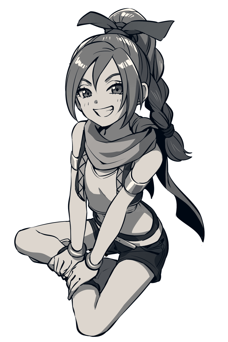 1girl, armband, blush, bracelet, braid, braided_ponytail, butterfly_sitting, commentary_request