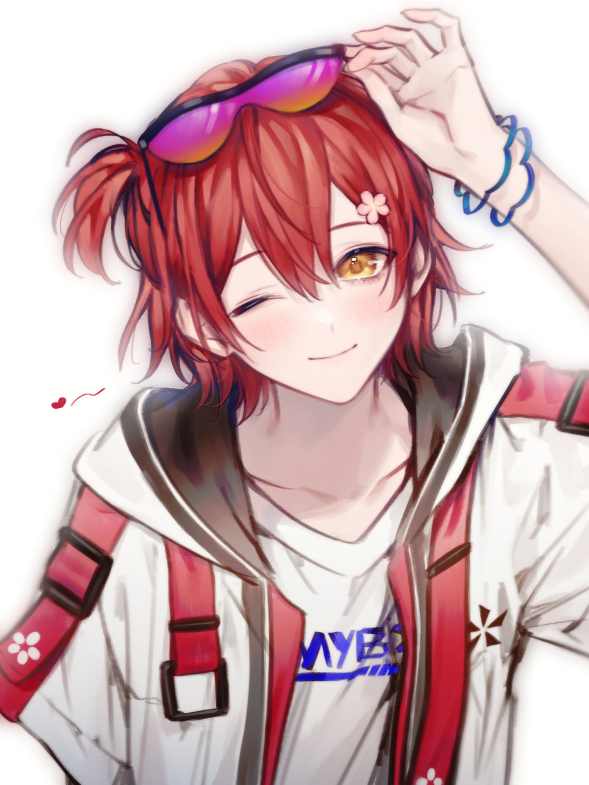 1boy, azmpty, blush, closed_mouth, eyewear_on_head, flower, hair_between_eyes, hair_flower