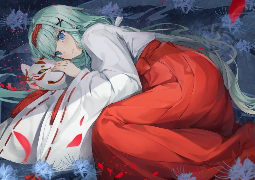 1girl, bangs, bishoujo_mangekyou, blue_eyes, c_(pixiv3064042), eyebrows_visible_through_hair, fetal_position, flower