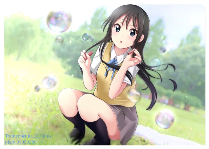 1girl, :o, akiyama_mio, bangs, black_eyes, black_hair, black_legwear, blue_ribbon