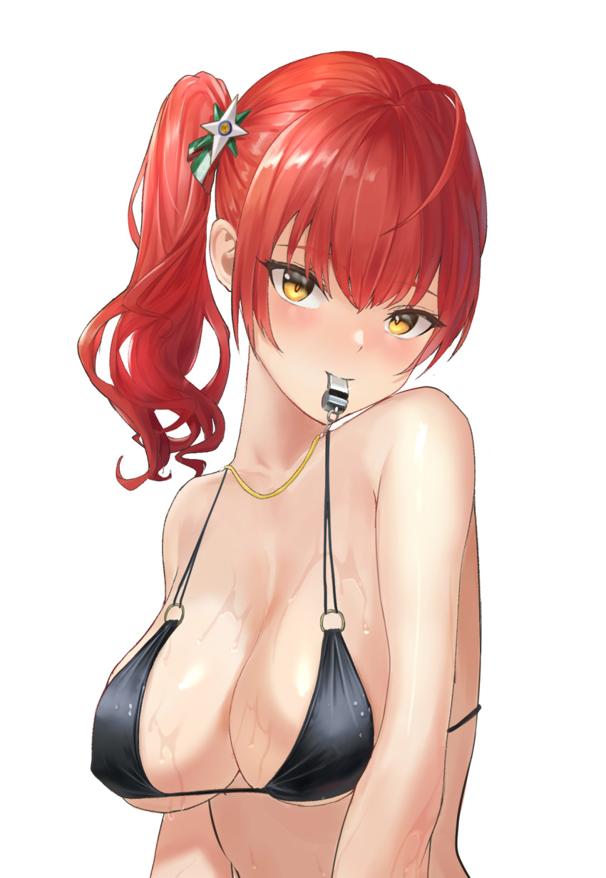 1girl, ahoge, azur_lane, bangs, bario, bikini, black_bikini, blowing_whistle, blush, breasts, hair_intakes, hair_ornament, highres, large_breasts, long_hair, looking_at_viewer, o-ring, o-ring_bikini, redhead, side_ponytail, simple_background, solo, swimsuit, upper_body, wet, whistle, white_background, yellow_eyes, zara_(azur_lane), zara_(poolside_coincidence)_(azur_lane)
