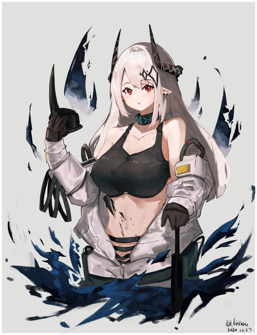 1girl, absurdres, airnery, arknights, bare_shoulders, black_gloves, breasts, coat, collarbone, crop_top, cropped_torso, earrings, gloves, grey_background, highres, holding, horns, jewelry, large_breasts, long_hair, long_sleeves, looking_at_viewer, mask, mask_removed, midriff, mudrock_(arknights), off_shoulder, open_clothes, open_coat, oripathy_lesion_(arknights), oversized_clothes, parted_lips, pointy_ears, red_eyes, sidelocks, silver_hair, sleeveless, solo, sports_bra, stomach, white_coat