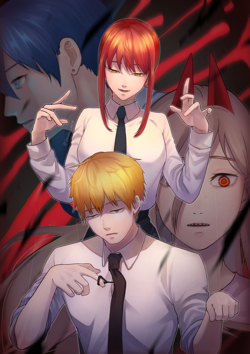 2boys, 2girls, absurdres, black_neckwear, black_pants, blonde_hair, blue_eyes, blue_hair