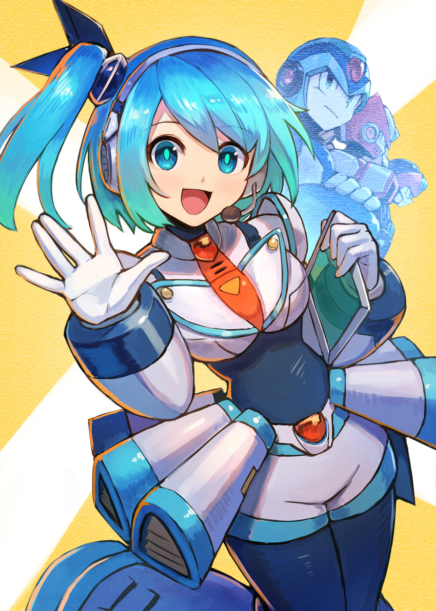 1girl, 3boys, android, axl, axl_(mega_man), bangs, blue_eyes, blue_hair