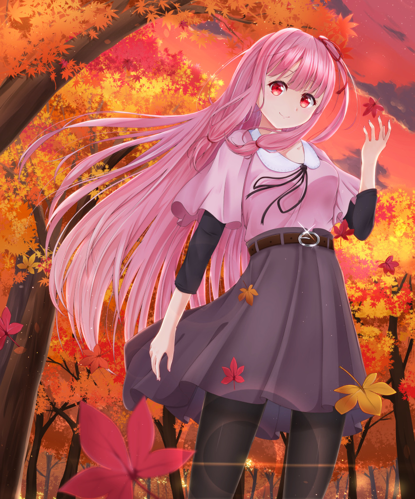 1girl, absurdres, autumn_leaves, belt, black_legwear, commentary, falling_leaves, forest