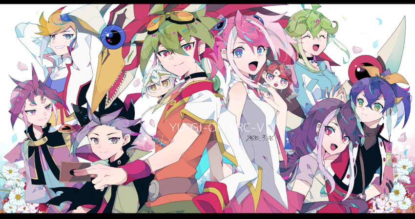 5boys, 5girls, ^_^, ^o^, arm_behind_head, blue_eyes, blue_hair, card