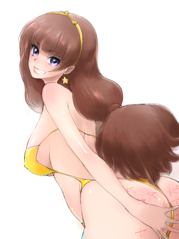 1girl, amanogawa_kirara, ass, bangs, bare_arms, bare_shoulders, breasts, brown_hair, covered_nipples, earrings, eyebrows_visible_through_hair, go!_princess_precure, hairband, jewelry, large_breasts, long_hair, precure, simple_background, solo, star_(symbol), star_earrings, suzu-batsu, swimsuit, teeth, under_boob, very_long_hair, violet_eyes, white_background, yellow_hairband, yellow_swimsuit
