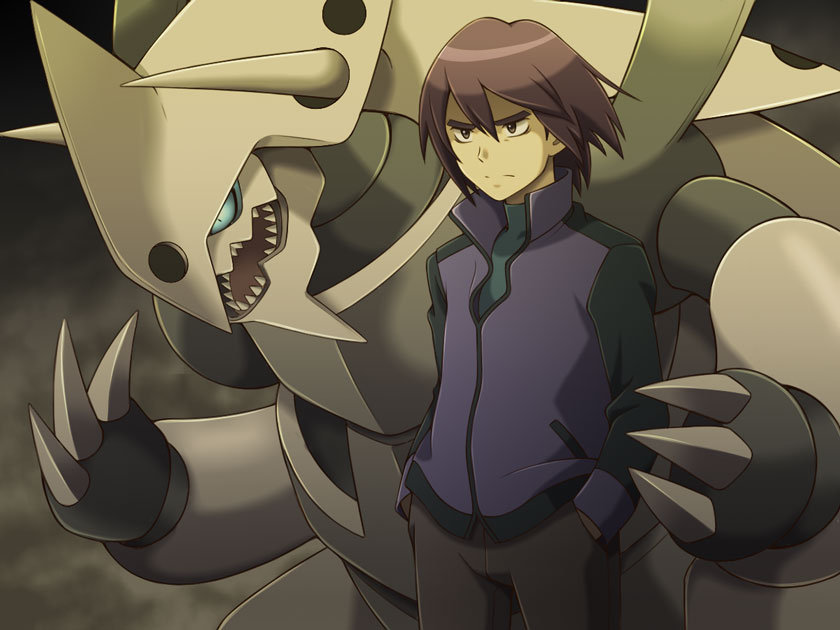 1boy, aggron, bangs, blue_eyes, brown_hair, closed_mouth, commentary_request, cyaneko