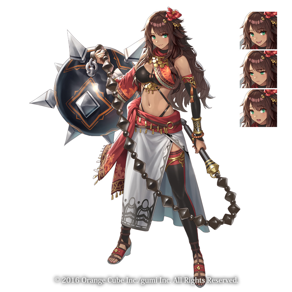 1girl, :d, bracelet, brown_hair, chain, commentary_request, crystal_of_re:union, cuboon
