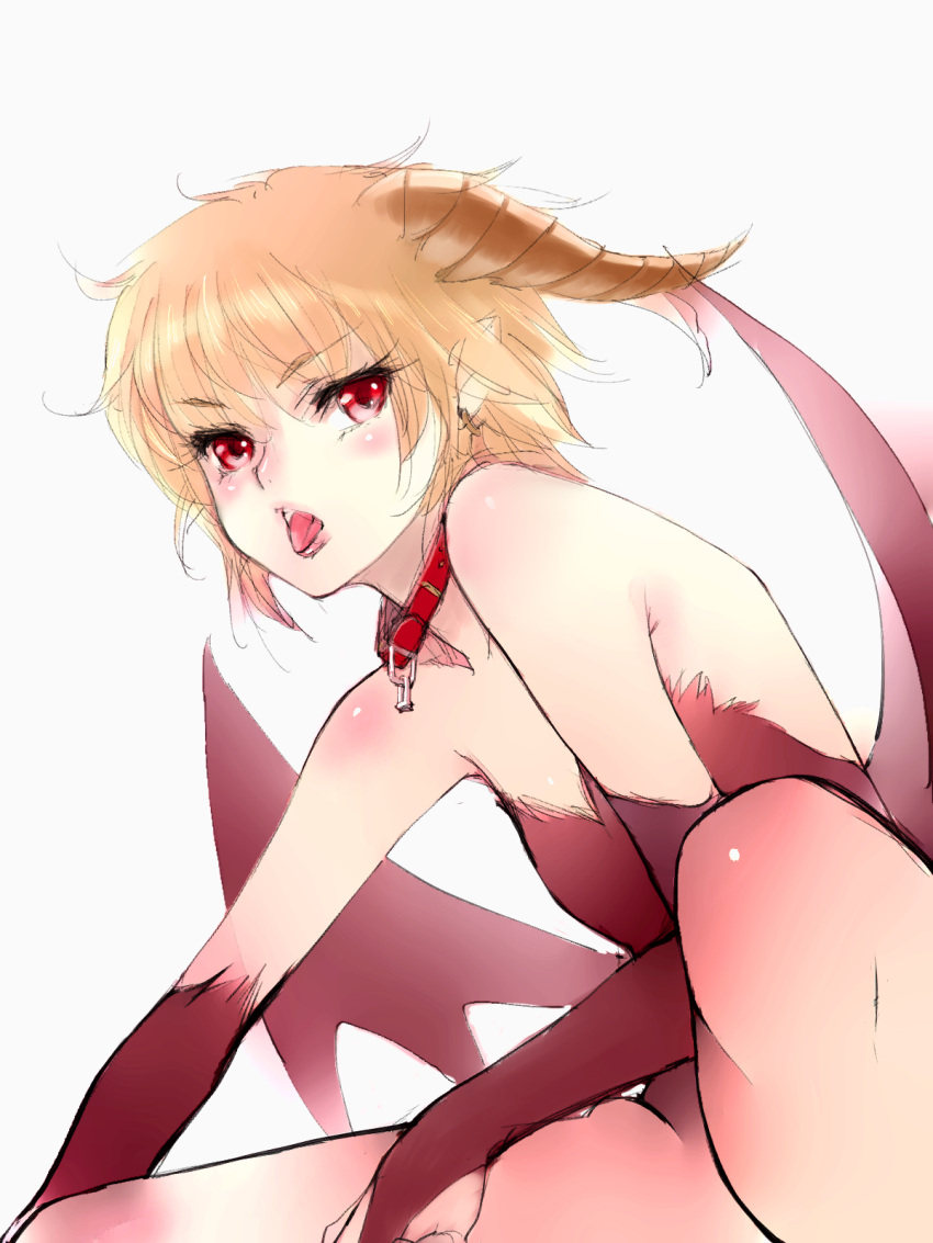 1girl, bangs, bare_shoulders, blonde_hair, bridal_gauntlets, brown_horns, collar, demon_girl