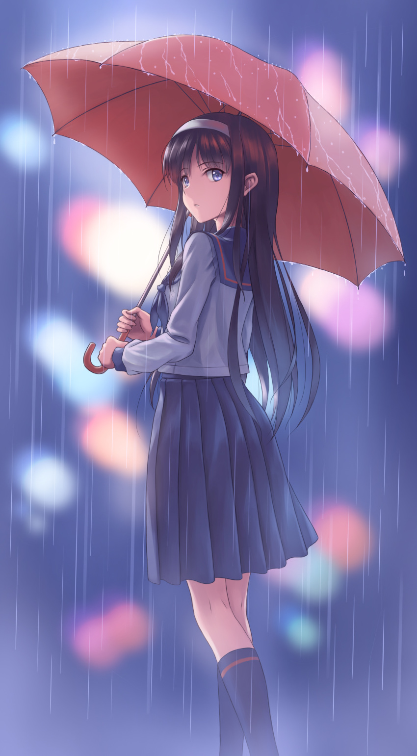 1girl, absurdres, bangs, black_hair, blue_legwear, blue_skirt, blurry, blurry_background