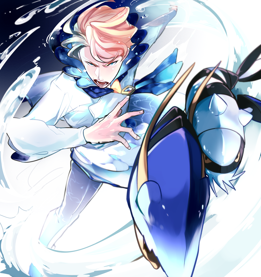 1boy, blonde_hair, blue_eyes, blue_neckwear, clawitzer, commentary_request, elite_four, gen_6_pokemon