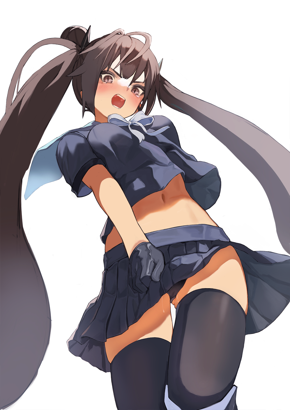 1girl, :o, angry, black_gloves, black_hair, black_legwear, black_panties, black_serafuku