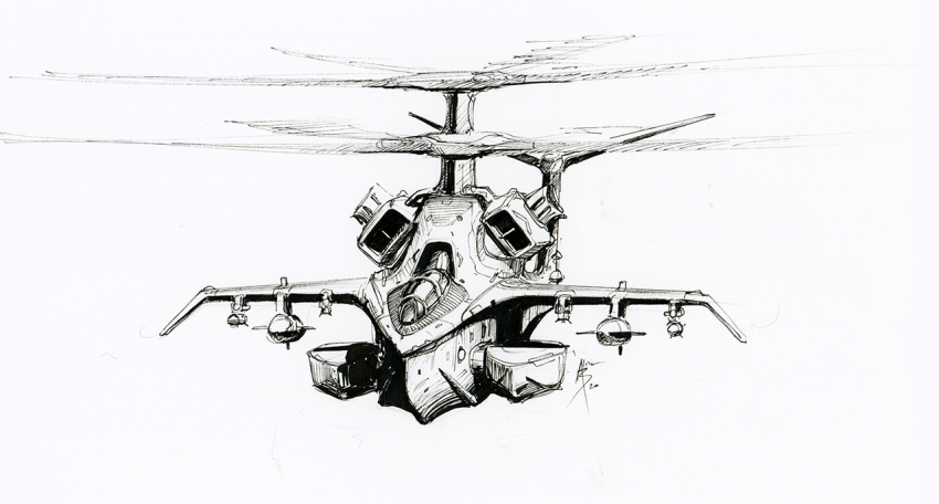 a_motorcycle_with_teeth, aircraft, english_commentary, flying, helicopter, military, missile, monochrome