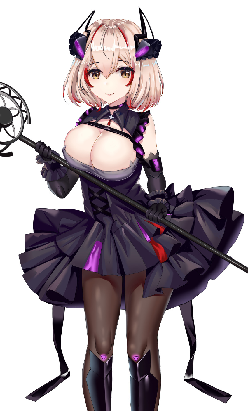 1girl, absurdres, alternate_costume, azur_lane, black_dress, boots, breasts, cleavage_cutout