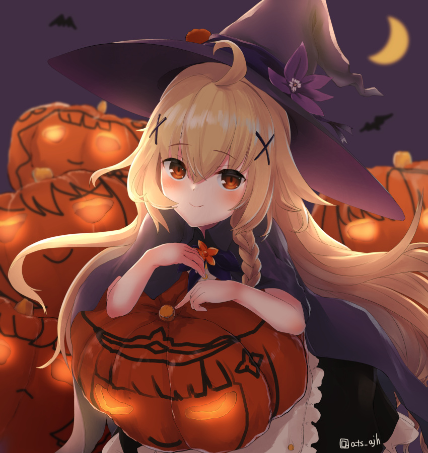 1girl, atsajh, blonde_hair, brown_eyes, crescent_moon, flower_knight_girl, halloween, hat
